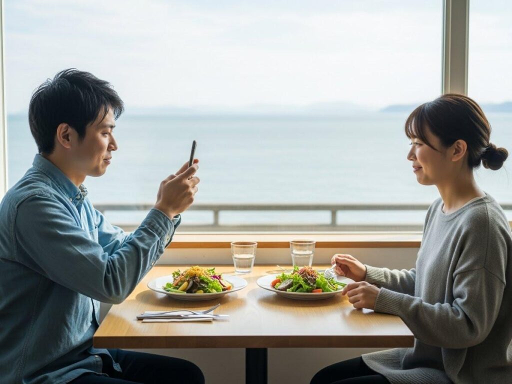 海を背景にしたテラス席で、男女2名が食事を前に笑顔でガッツポーズをしている。テーブルには、淡路島観光のグルメである豪華な海鮮丼とステーキ、スープが並べられている。