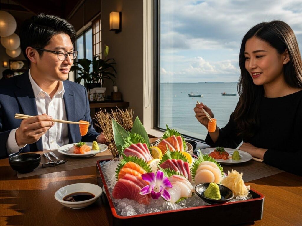 海が見えるレストランの窓際で、男女2人が食事をしている。テーブルにはピザ、サラダ、小皿に盛られた料理が並び、二人は笑顔で向かい合っている。淡路島の観光で体験できるグルメの場面。