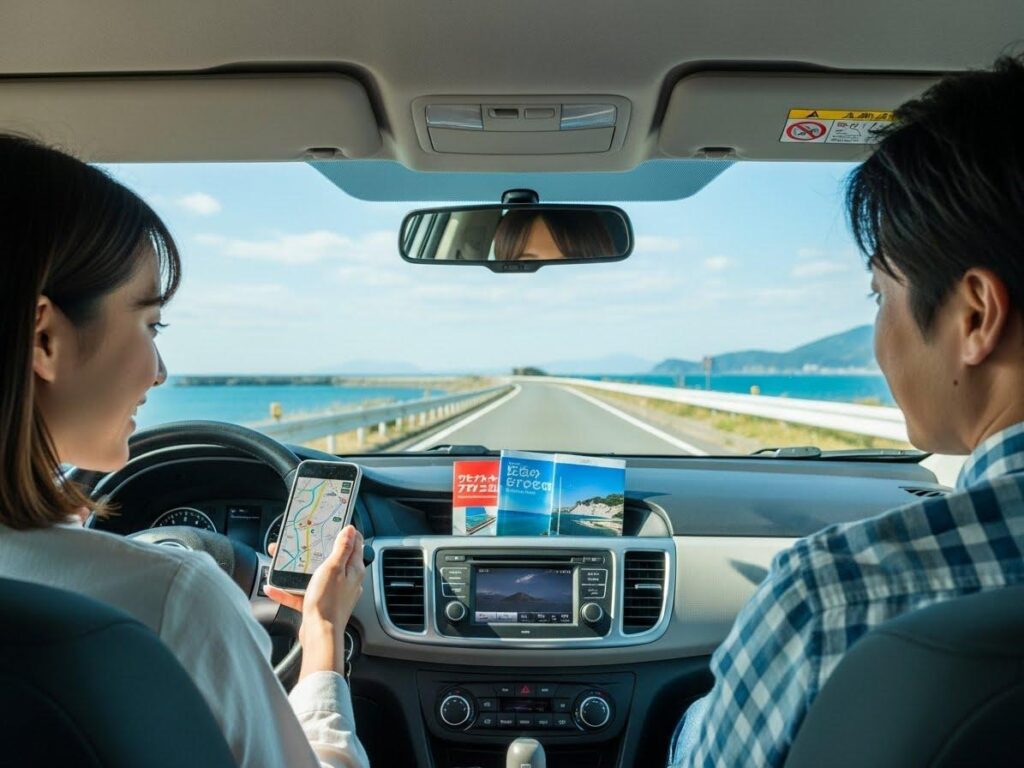 晴れた日、海沿いの道を走る車内で、運転席の女性が笑顔でスマートフォンに表示された地図を見ている。ダッシュボードには、淡路島の観光とグルメに関するパンフレットが置かれている。
