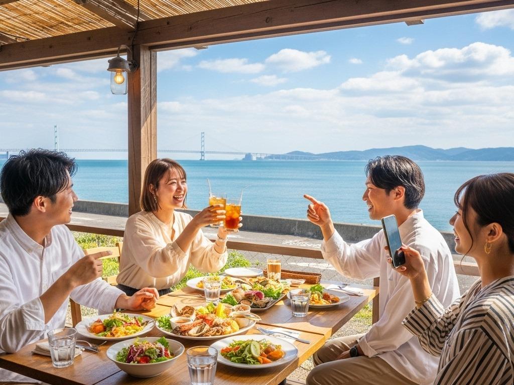 淡路島 観光 グルメの情報まとめとして、砂浜に立つ後ろ姿の男女2人が手をつなぎ、オレンジ色の夕日が沈む穏やかな海を眺めている。遠くの陸地には建物と明かりが見える。