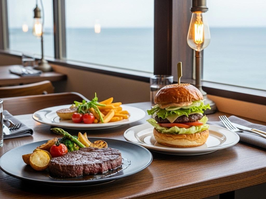 晴れた日に海沿いの道を走る車内。運転席の女性がスマートフォンの地図を見ており、助手席に男性が座っている。ダッシュボードには旅行ガイドブックが置かれ、正面には青い海と空が広がっている。