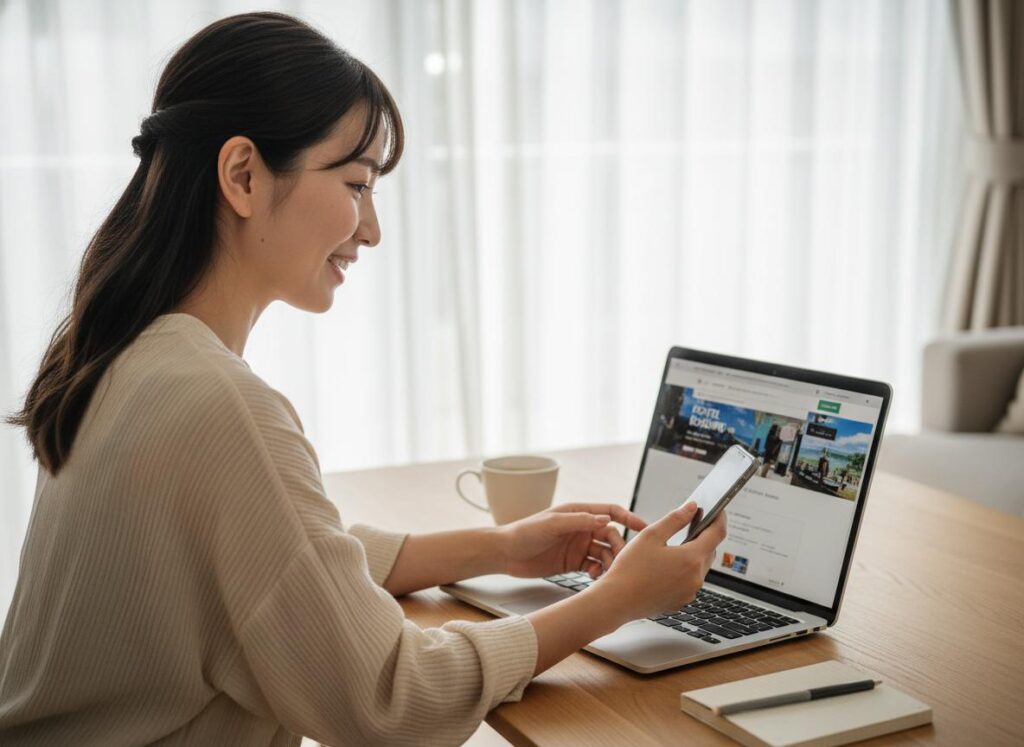 海が見えるレストランのテラス席で、男女4人が食事をしている。テーブルにはサラダなどの料理が並んでおり、女性が飲み物のグラスを掲げて乾杯している。背景には大きな橋と山が見える。