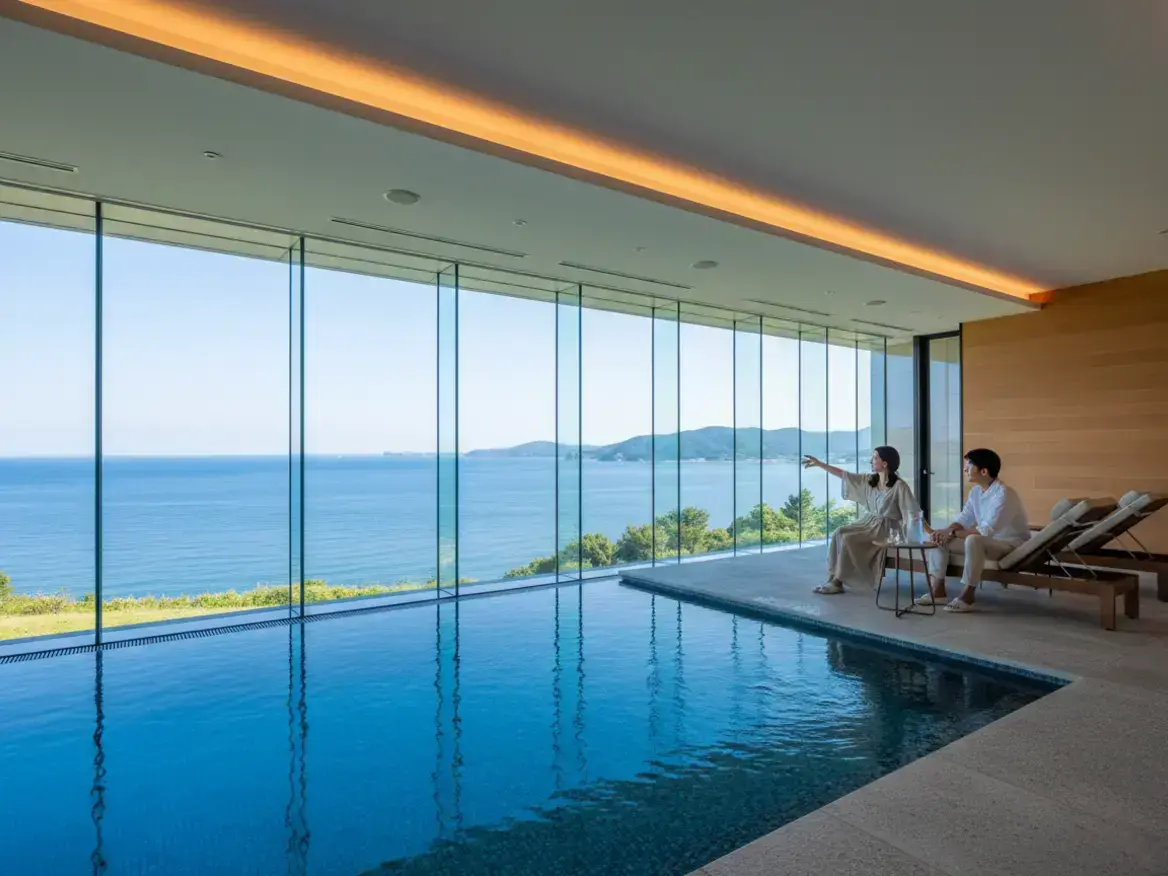 大きな窓のある屋内プールのそばで、白い服を着た男女がラウンジチェアに座っている。窓の外には広大な海と緑の山々が見え、女性が景色を指さしている。