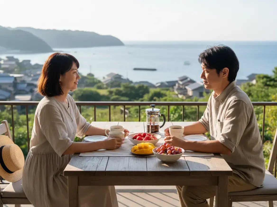 海が見えるバルコニーで、男女が木製のテーブルを挟んで座っている。テーブルの上にはコーヒーと、イチゴやブドウ、マンゴーなどの果物が並んでいる。