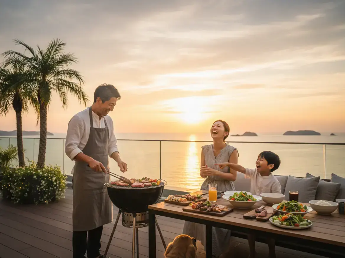 夕日を背景に、海の見えるテラスで家族がバーベキューをしている。男性が肉を焼き、テーブルに座っている女性と男の子が笑っている。
