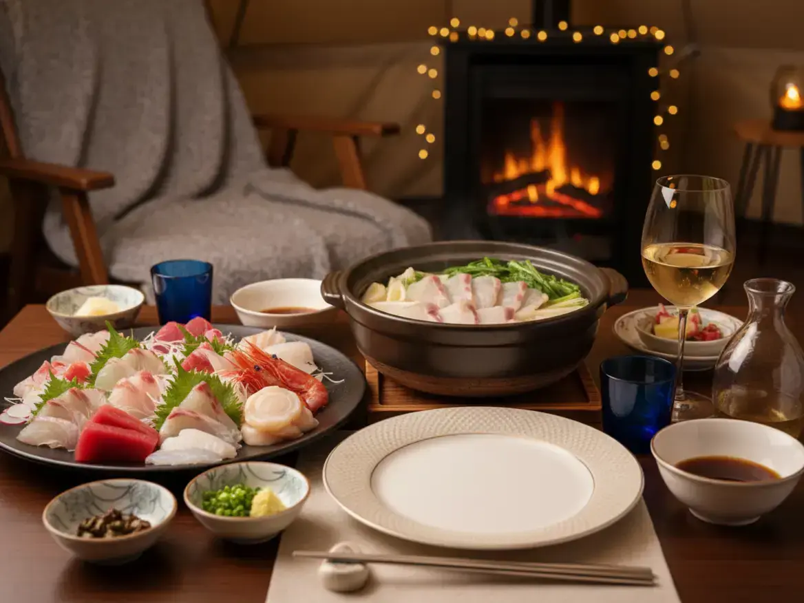 暖炉の前にある木製のテーブルの上に、刺身の盛り合わせと湯気の立つ鍋料理が並んでいる。白ワインのグラス、取り皿、箸も用意されており、背景には火が燃えている暖炉とブランケットのかかった椅子が見える。