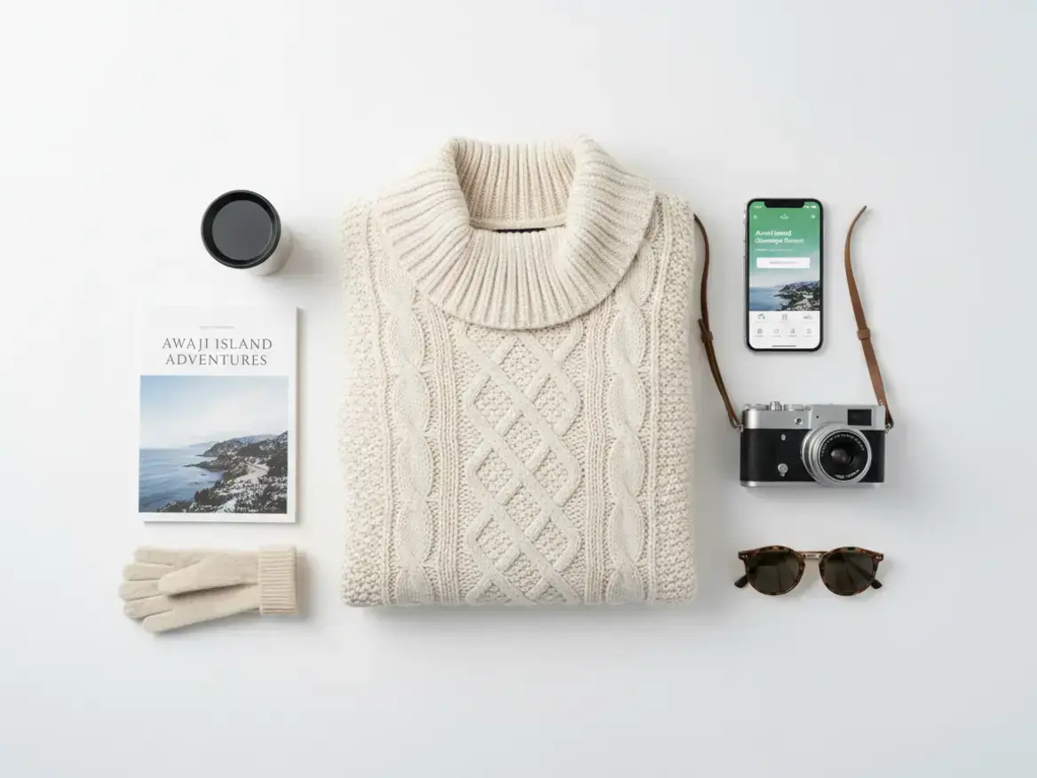 白い背景の上に、クリーム色のセーター、手袋、本、カップ、カメラ、スマートフォン、サングラスが並べられている俯瞰写真。