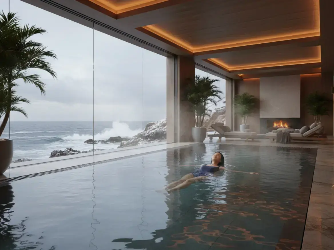 室内プールで青い水着を着た女性が仰向けに浮いている。大きなガラス窓の向こうには、波が打ち寄せる岩場の海岸が見える。部屋の奥には火のついた暖炉とラウンジチェア、観葉植物が置かれている。