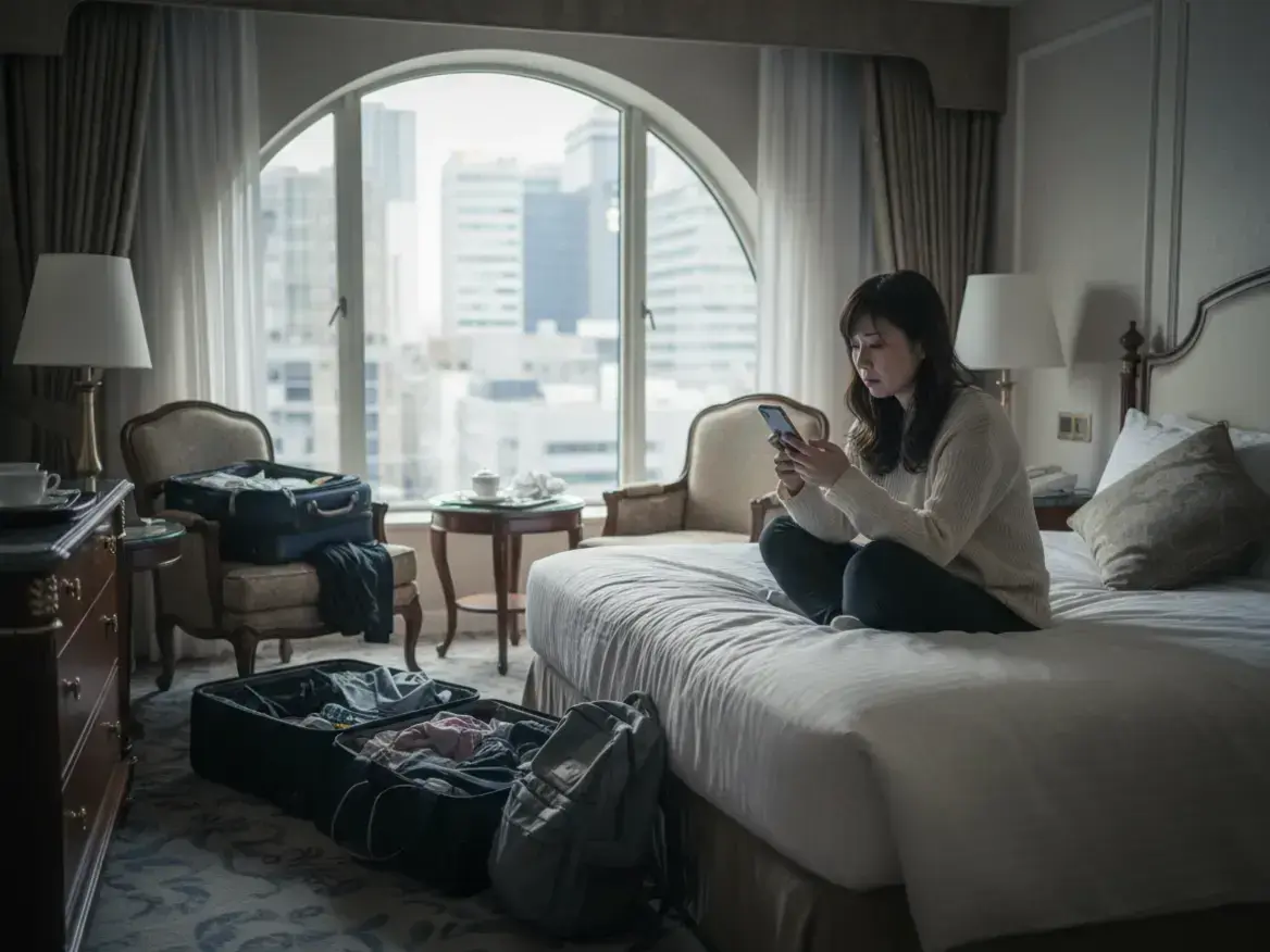 ホテルの部屋で、女性がベッドに座ってスマートフォンを見ている。床と椅子の上には開いたスーツケースが置かれており、大きな窓からは都会のビルが見えている。