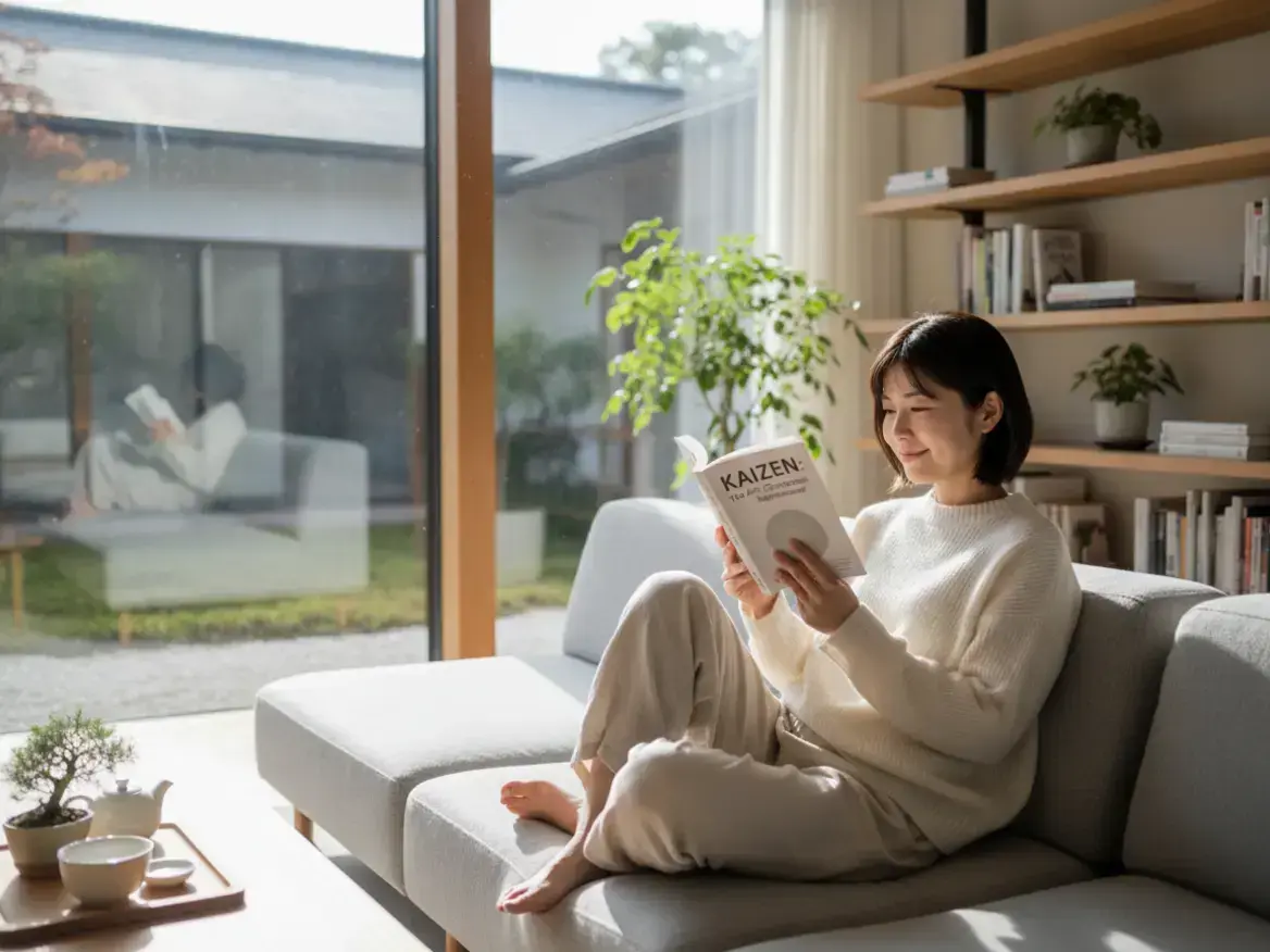 自然光が差し込むリビングで、ソファに座って本を読む女性。テーブルには盆栽と茶器が置かれ、背景の本棚にはたくさんの本と観葉植物がある。