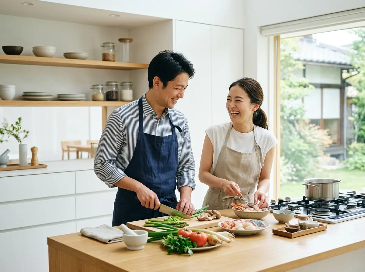 明るい和風キッチンで、エプロンをつけた男女2人が笑顔で料理をしている。まな板の上には葱・アスパラ・トマトなどの野菜と魚介類が並んでいる。 明るい和風キッチンで、エプロンをつけた男女2人が笑顔で料理をしている。まな板の上には葱・アスパラ・トマトなどの野菜と魚介類が並んでいる。