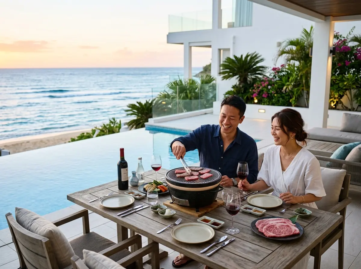 海辺のヴィラのテラスで、カップルがテーブル用グリルで肉を焼きながら赤ワインを飲んでいる。テーブルには霜降り肉・野菜・調味料が並び、背景にはプールと海が見える。 海辺のヴィラのテラスで、カップルがテーブル用グリルで肉を焼きながら赤ワインを飲んでいる。テーブルには霜降り肉・野菜・調味料が並び、背景にはプールと海が見える。