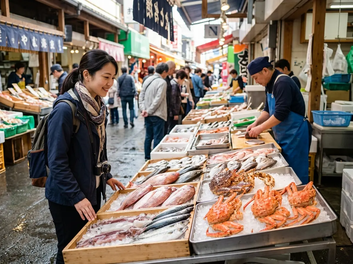 屋外の鮮魚市場で、木製の台に並べられた魚やカニなどの海鮮を眺める女性。奥では青いエプロンをつけた販売員が作業しており、多くの人が市場の通路を歩いている。 屋外の鮮魚市場で、木製の台に並べられた魚やカニなどの海鮮を眺める女性。奥では青いエプロンをつけた販売員が作業しており、多くの人が市場の通路を歩いている。
