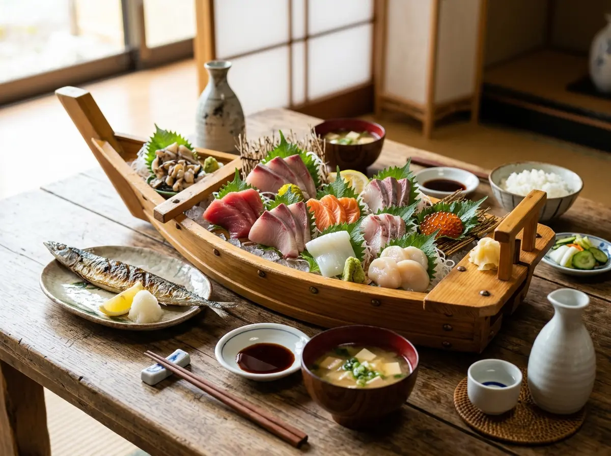 木製の船形器に盛られたマグロ・サーモン・ホタテなど多種の刺身と、焼き魚・味噌汁・白飯・醤油・sake が和室風の木のテーブルに並んでいる 木製の船形器に盛られたマグロ・サーモン・ホタテなど多種の刺身と、焼き魚・味噌汁・白飯・醤油・sake が和室風の木のテーブルに並んでいる