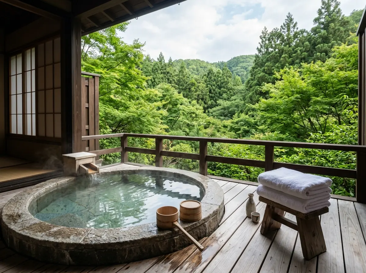 木製デッキに設置された丸い石造りの露天風呂。湯気が立ち、木製の桶と柄杓が湯船のそばに置かれている。右側には白いタオルを重ねた木製の椅子があり、背景には緑豊かな山の木々が広がっている。 木製デッキに設置された丸い石造りの露天風呂。湯気が立ち、木製の桶と柄杓が湯船のそばに置かれている。右側には白いタオルを重ねた木製の椅子があり、背景には緑豊かな山の木々が広がっている。