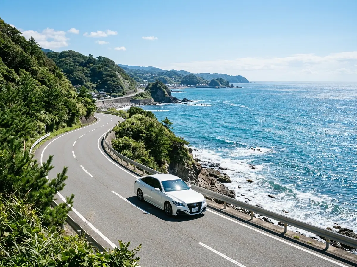 海沿いの崖に沿って曲がりくねる二車線道路を、白いセダンが走っている。道路の右側には青い海と岩場が広がり、左側には緑の木々が茂っている。 海沿いの崖に沿って曲がりくねる二車線道路を、白いセダンが走っている。道路の右側には青い海と岩場が広がり、左側には緑の木々が茂っている。