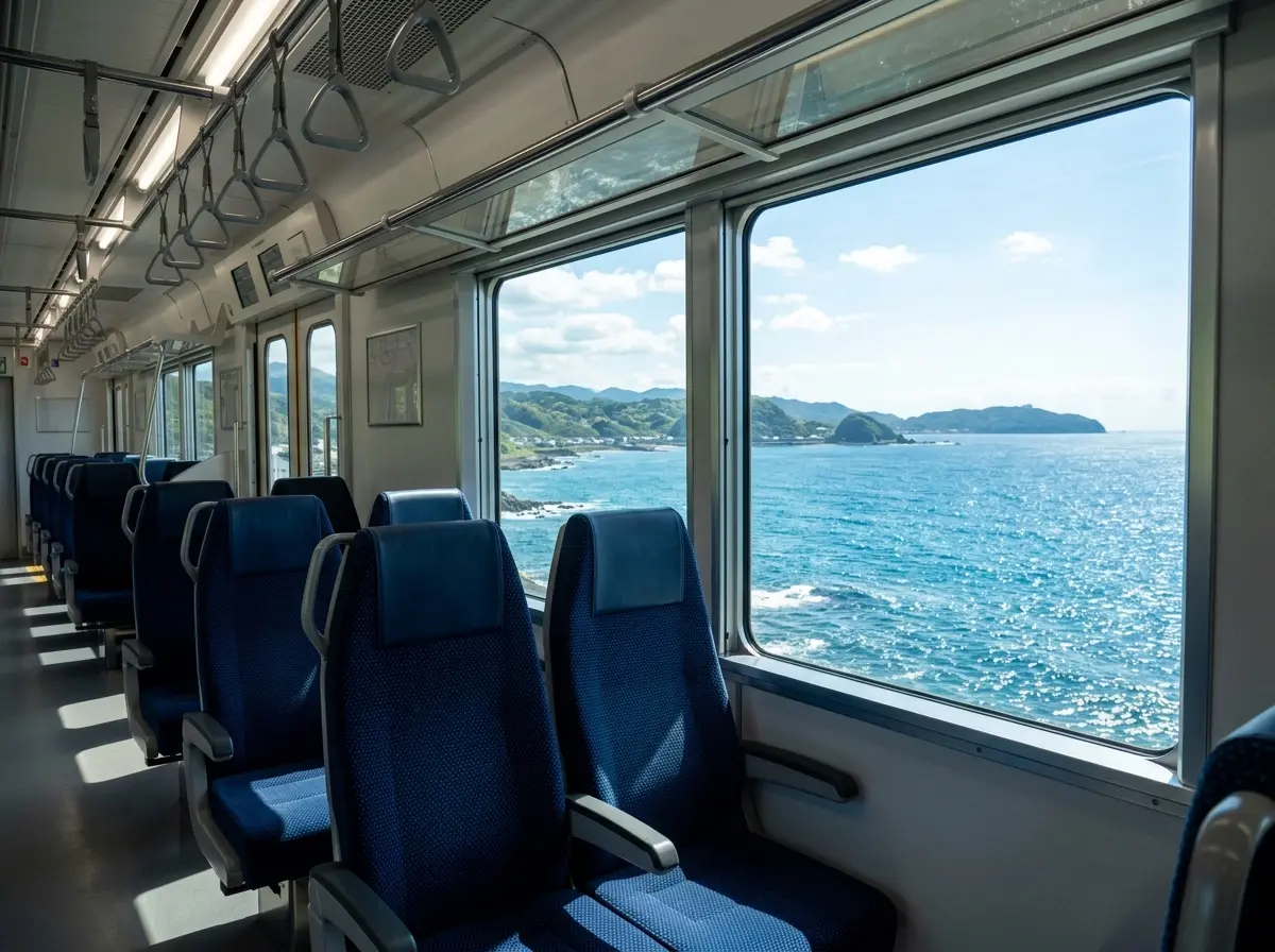 青い海が窓の外に広がる電車の車内。紺色のシートが並び、遠くに島と緑の山が見える。乗客はおらず、車内は静かな様子。 青い海が窓の外に広がる電車の車内。紺色のシートが並び、遠くに島と緑の山が見える。乗客はおらず、車内は静かな様子。