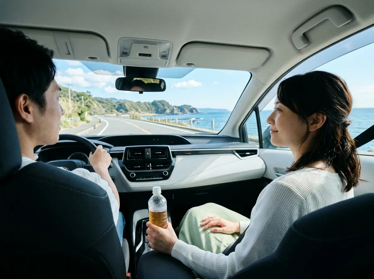 海沿いの道路を走る車の車内で、助手席に座った女性がペットボトルを手に持ち、運転席の男性と会話している様子。窓の外には青い海と緑の丘が見える。