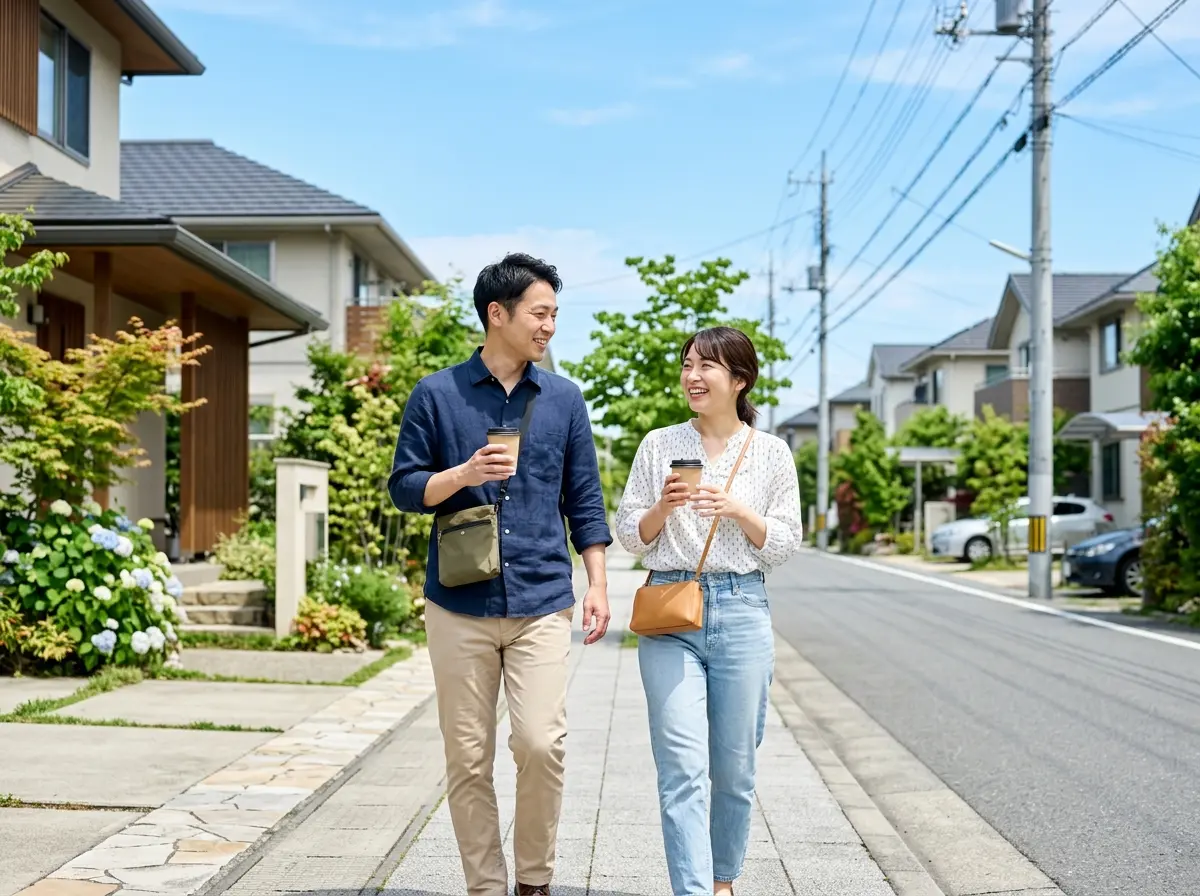 紺色のシャツを着た男性と白いブラウスを着た女性が、テイクアウトのコーヒーカップを手に持ち、住宅街の歩道を並んで歩きながら笑顔で話している。 紺色のシャツを着た男性と白いブラウスを着た女性が、テイクアウトのコーヒーカップを手に持ち、住宅街の歩道を並んで歩きながら笑顔で話している。
