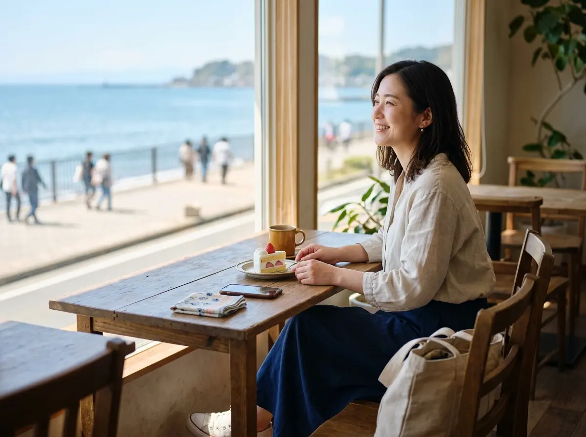 海沿いのカフェの窓際の席に座り、ショートケーキとマグカップを前に海の方向を見て微笑む女性。窓の外には砂浜の遊歩道と青い海が見える。