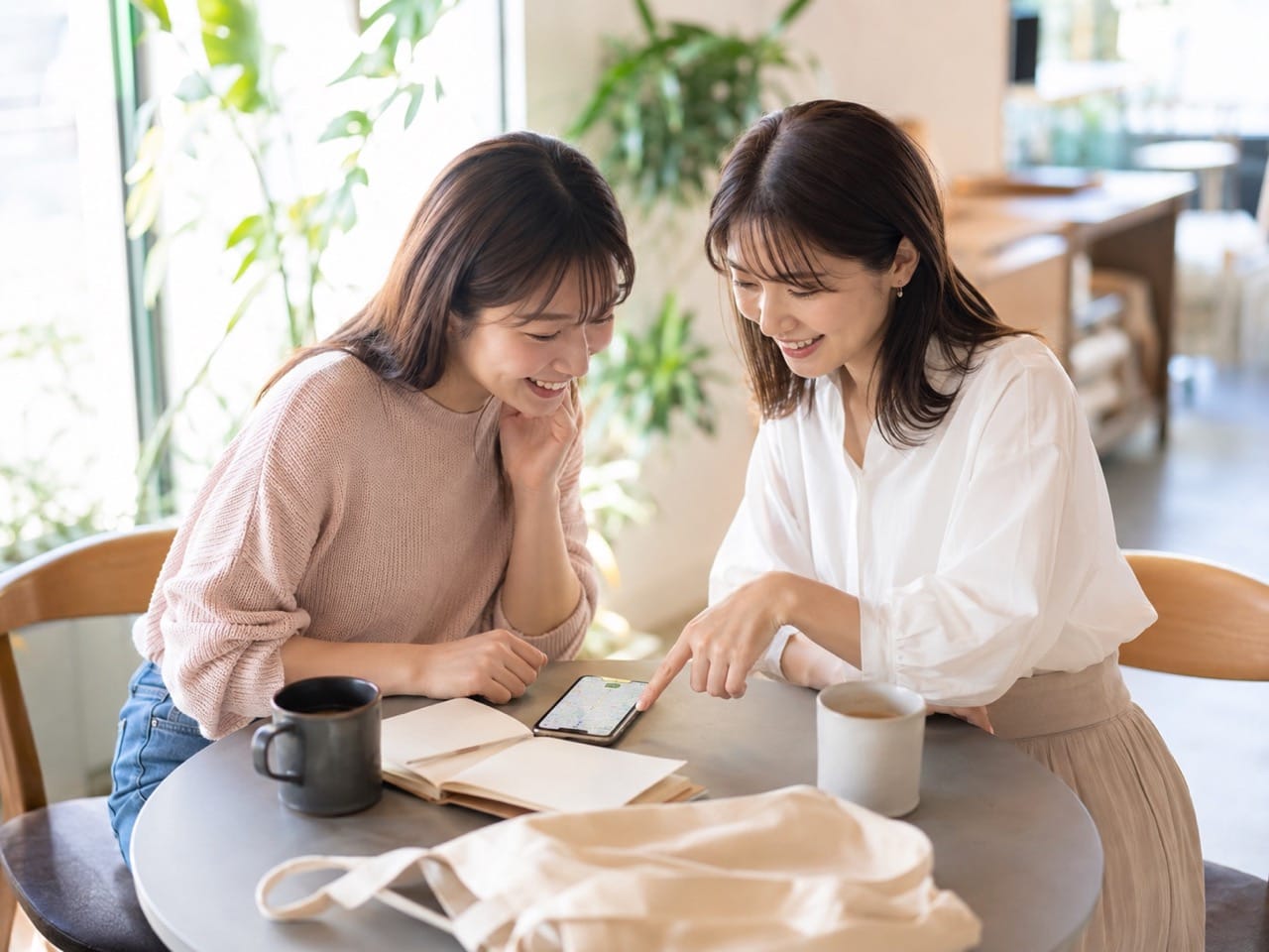 明るいカフェで向かい合って座る2人の女性が、スマートフォンの地図アプリを見ながら笑顔で話している。テーブルにはラテが2杯とノートが置かれている。