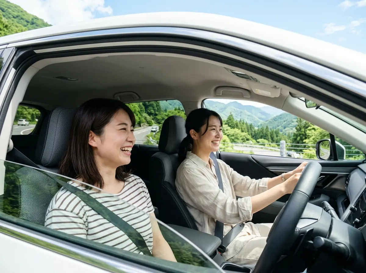 白い車の中で、助手席と運転席に座った2人の女性が笑顔で山道をドライブしている。窓の外には緑の山と青空が見える。 白い車の中で、助手席と運転席に座った2人の女性が笑顔で山道をドライブしている。窓の外には緑の山と青空が見える。