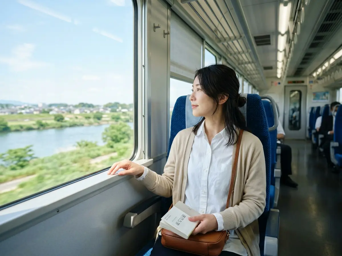 電車の窓側席に座り、車窓から景色を眺める女性。手に本を持ち、ベージュのカーディガンと白いシャツを着ている。窓の外には川と緑の景色が広がっている。