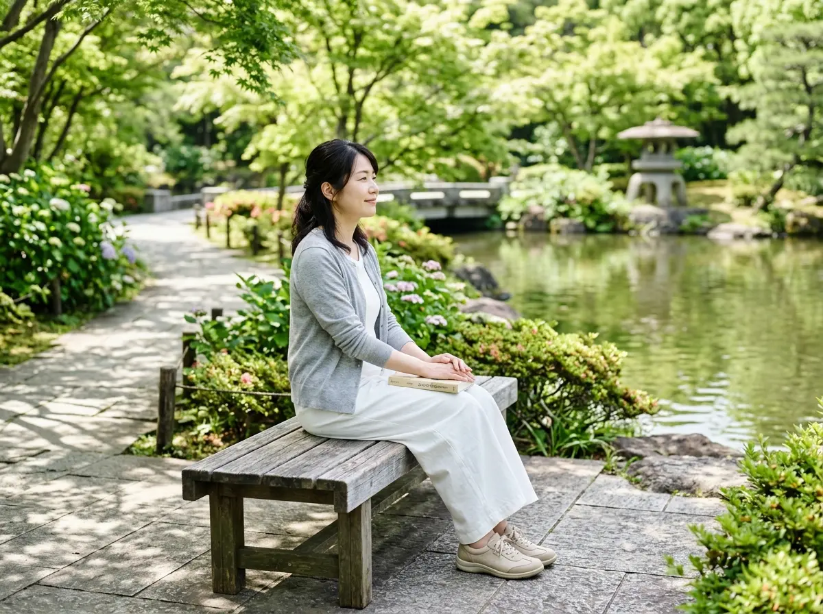 木製のベンチに座り、池のある日本庭園を静かに眺める女性。白いパンツとグレーのカーディガンを着ており、膝の上に本を置いている。背景には緑の木々や石灯篭、小さな橋が見える。