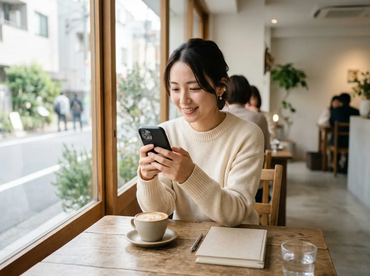 カフェの窓際の席に座り、スマートフォンを見て微笑む女性。テーブルにはラテアートのコーヒーとノート、グラスが置かれている。 カフェの窓際の席に座り、スマートフォンを見て微笑む女性。テーブルにはラテアートのコーヒーとノート、グラスが置かれている。