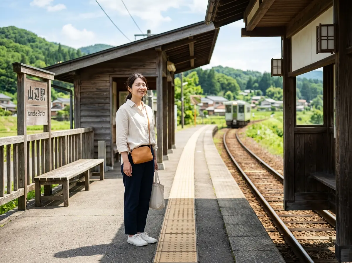 木造の小さな駅のホームに立つ女性。白いシャツと紺のパンツを着て、茶色のショルダーバッグを持ち、遠くを見て微笑んでいる。背景には線路と緑の山が見える。 木造の小さな駅のホームに立つ女性。白いシャツと紺のパンツを着て、茶色のショルダーバッグを持ち、遠くを見て微笑んでいる。背景には線路と緑の山が見える。
