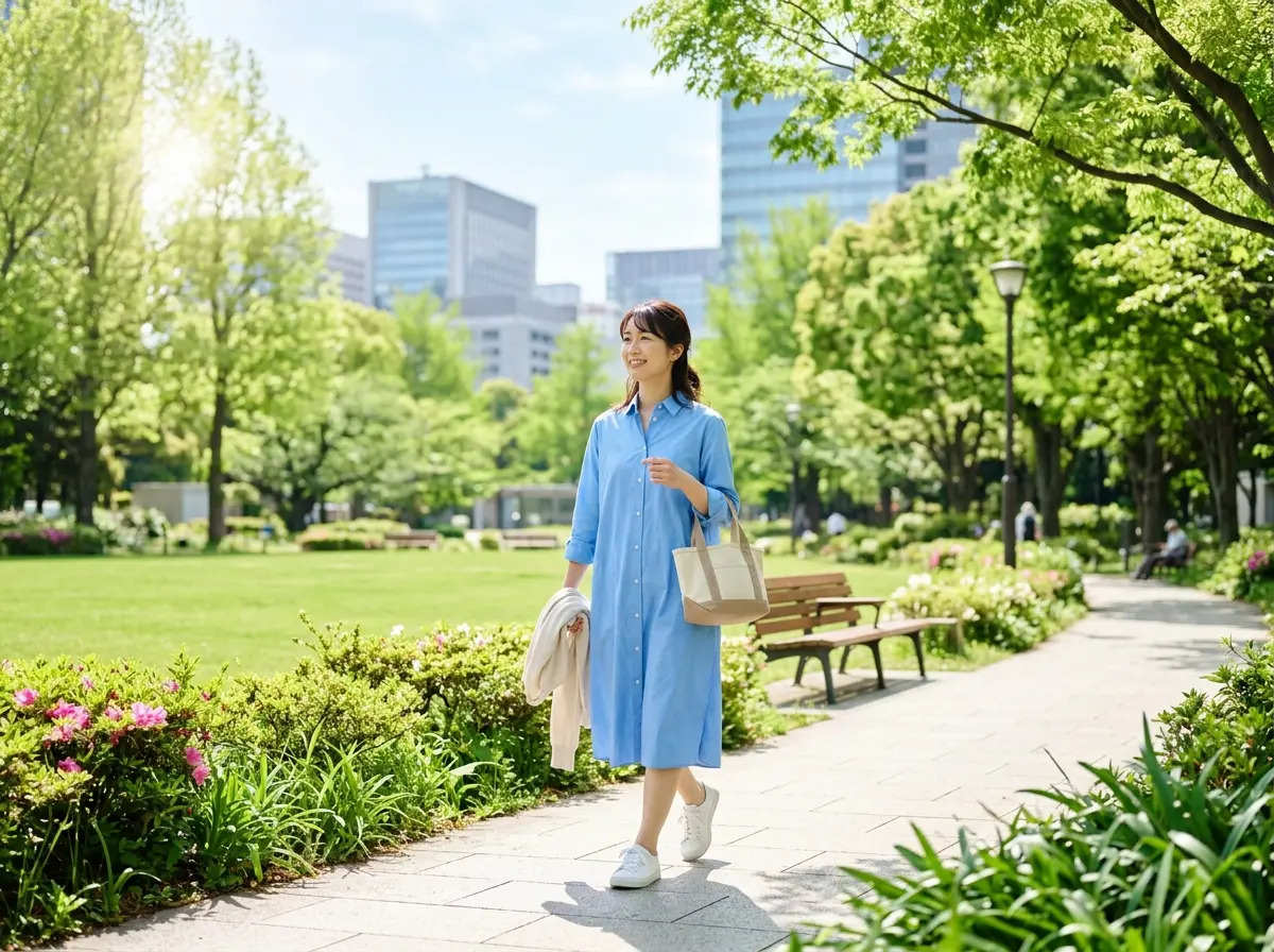 青いシャツワンピースを着た女性が、緑豊かな都市公園の遊歩道を歩いている。手にはトートバッグと白いジャケットを持ち、背景にはベンチや高層ビルが見える。