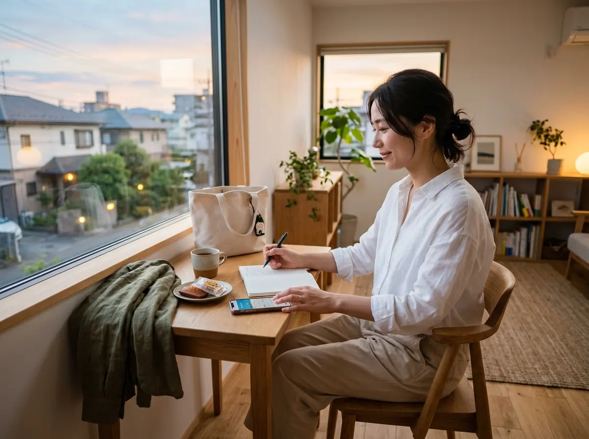 白いシャツを着た女性が、木製の小さなテーブルに座り、ノートに何かを書いている。テーブルの上にはマグカップとスマートフォン、お菓子の皿があり、窓の外には住宅街と夕暮れの空が見える。